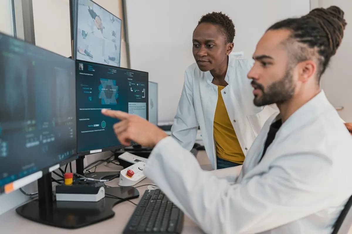 Dos especialistas revisando imágenes médicas en monitores